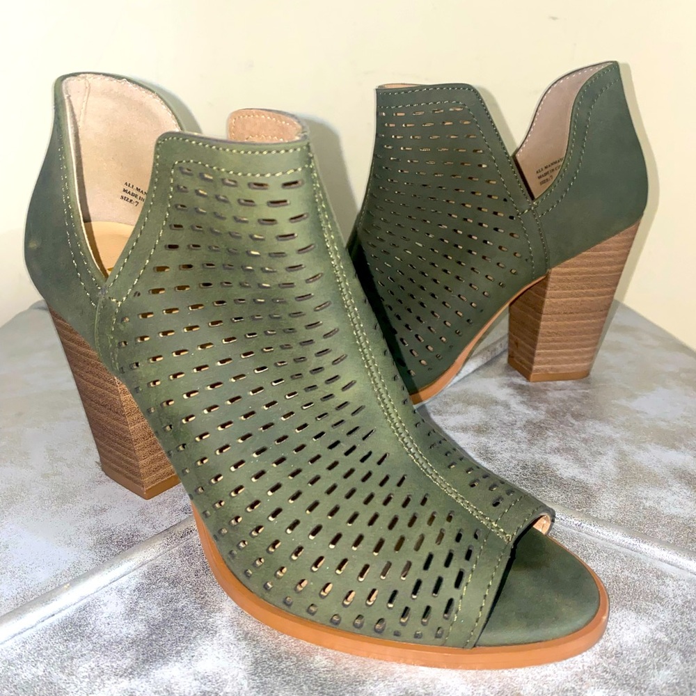 Olive Green, Faux Suede, Peep-toe Booties